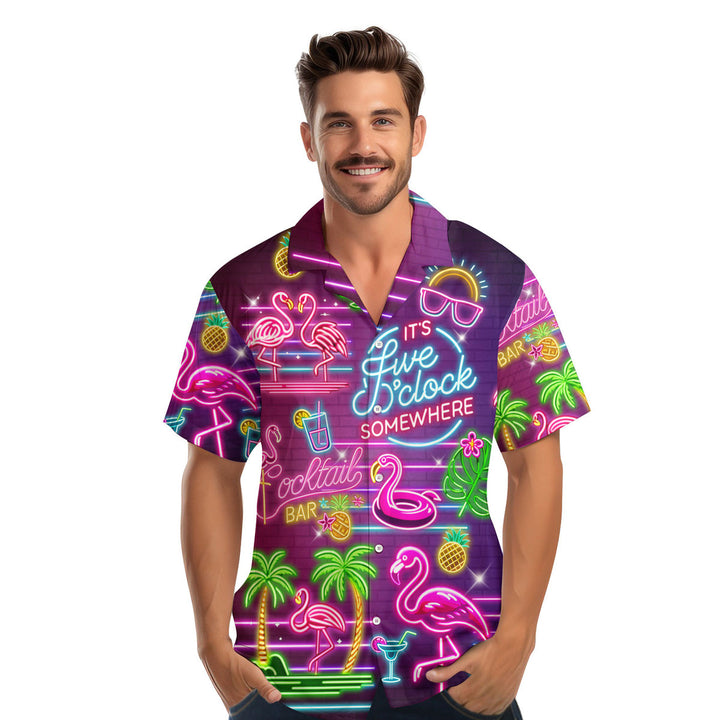 Flamingo Neon Five O'clock Somewhere Hawaiian Shirt