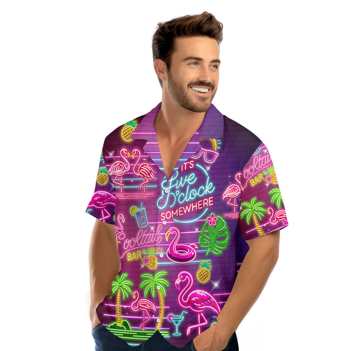 Flamingo Neon Five O'clock Somewhere Hawaiian Shirt