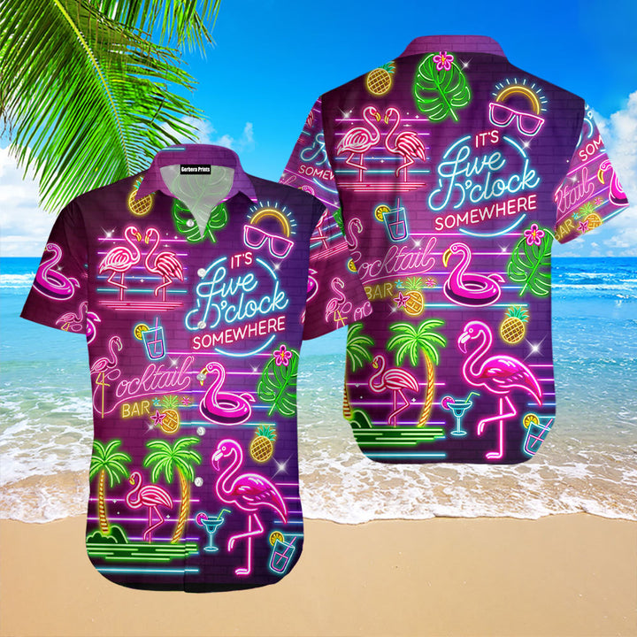 Flamingo Neon Five O'clock Somewhere Hawaiian Shirt