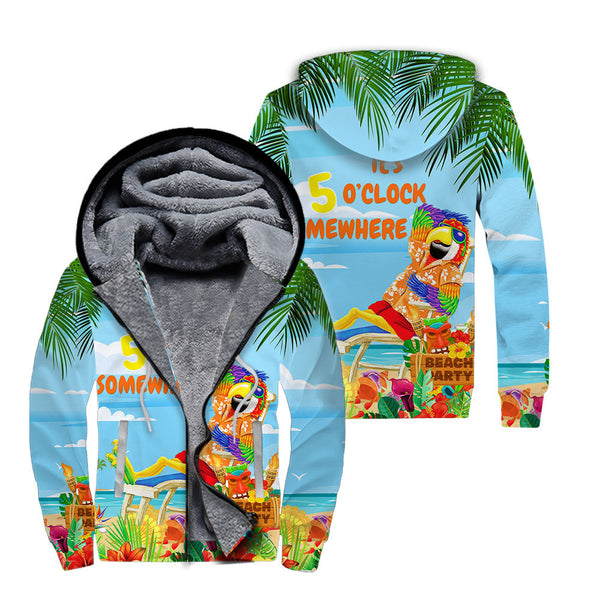 It's 5 O'Clock Somewhere Parrot On The Beach Blue Fleece Zip Hoodie