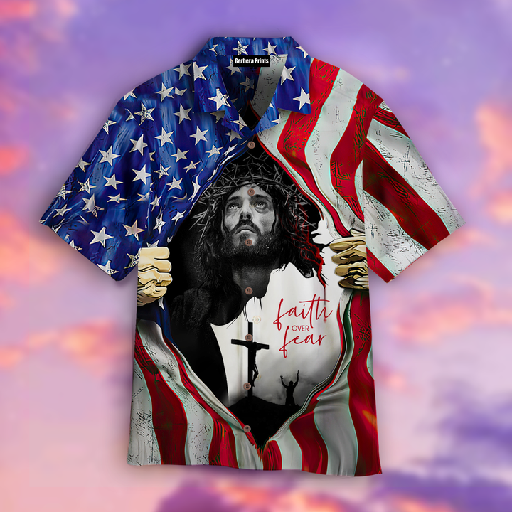Faith Over Fear Jesus One Nation Under God American Flag Aloha Hawaiian Shirts For Men And Women WT1603 Gerbera Prints.