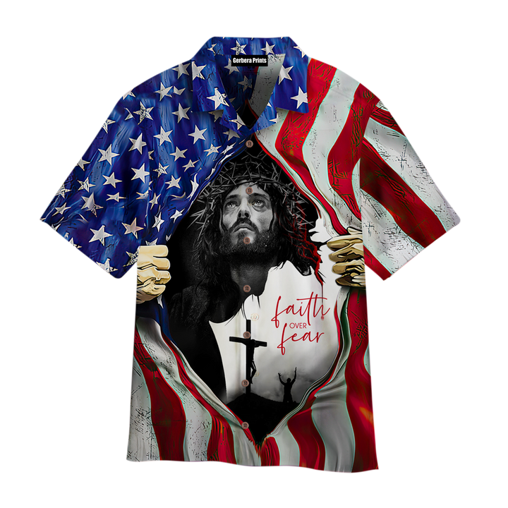 Faith Over Fear Jesus One Nation Under God American Flag Aloha Hawaiian Shirts For Men And Women WT1603 Gerbera Prints.