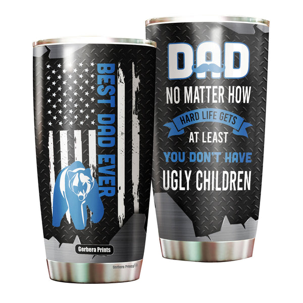 Father's Day Best Dad Ever Bear American Flag Black Blue Stainless Steel Tumbler Cup Travel Mug TC7201-20oz-Gerbera Prints.
