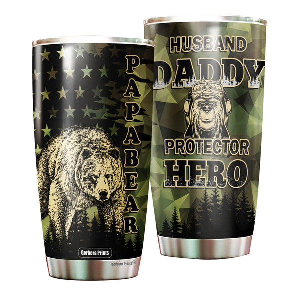 Father's Day Papa Bear Daddy Husband Protector Hero Stainless Steel Tumbler Cup Travel Mug TC7402-20oz-Gerbera Prints.