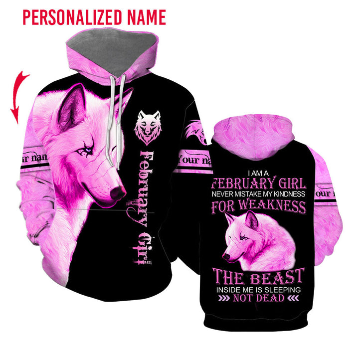 February Girl Wolf Pink Custom Name Hoodie For Men & Women