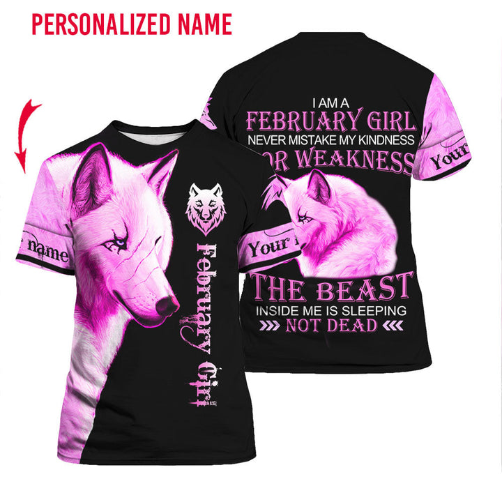 February Girl Wolf Pink Custom Name T Shirt For Men & Women