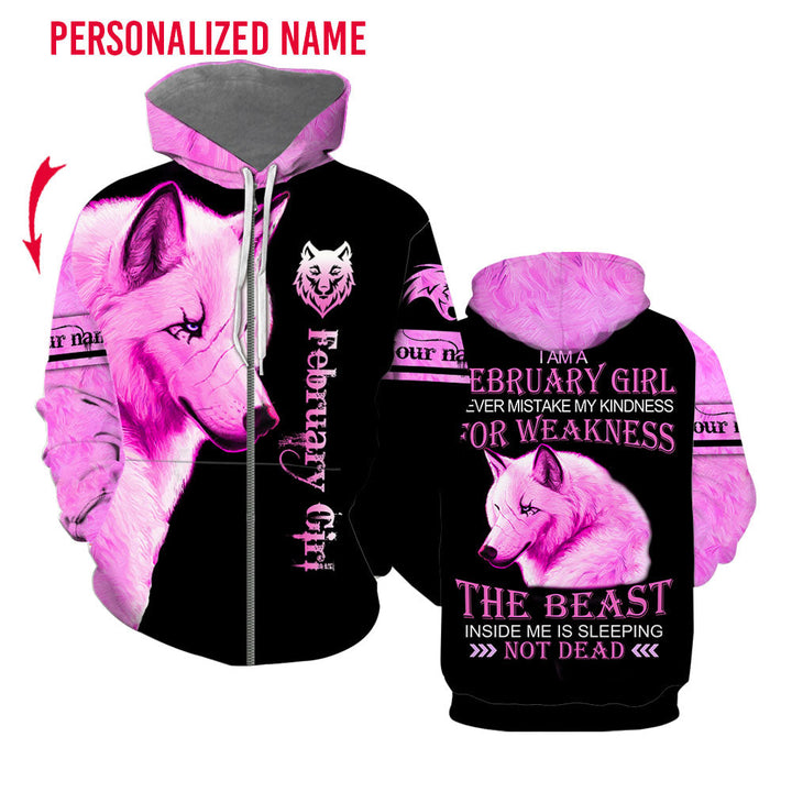 February Girl Wolf Pink Custom Name Zip Up Hoodie For Men & Women