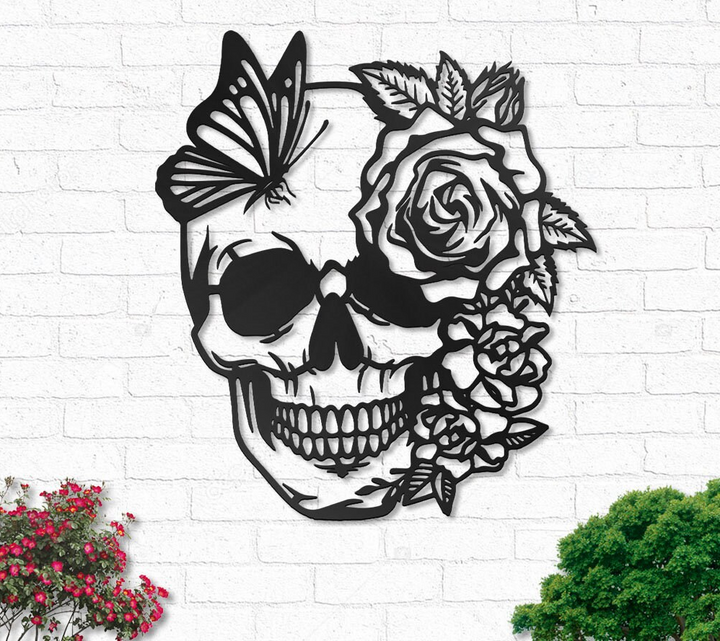 Flower Butterfly Skull - Metal House Sign
