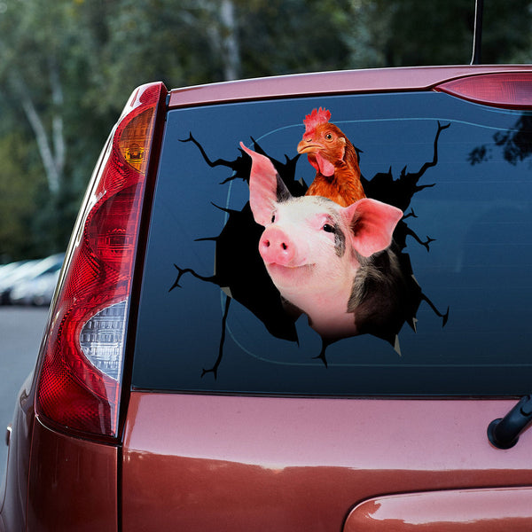 Adorable Piglet Chicken On Head Cracked Car Decal Sticker | Waterproof | PVC Vinyl | CCS5396-Colorful-Gerbera Prints.