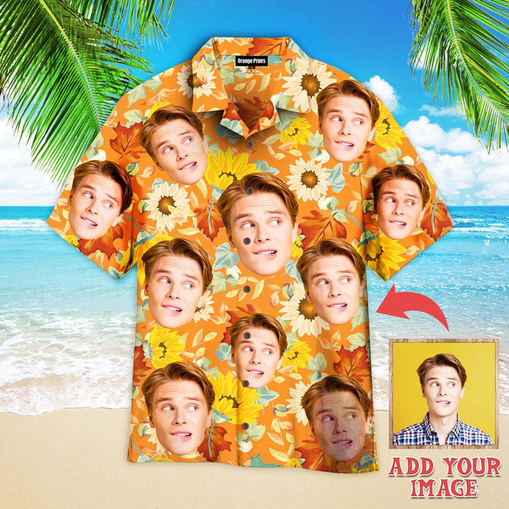 Funny Amazing Face Sunflowers On Orange Custom Photo Hawaiian Shirt For Men & Women