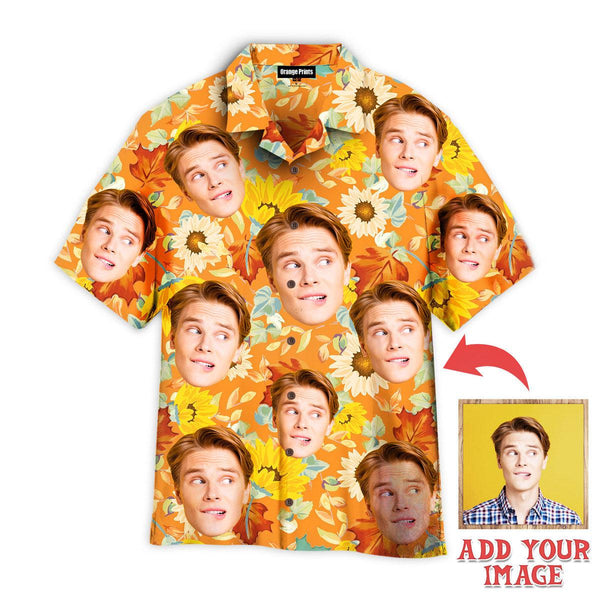 Funny Amazing Face Sunflowers On Orange Custom Photo Hawaiian Shirt For Men & Women