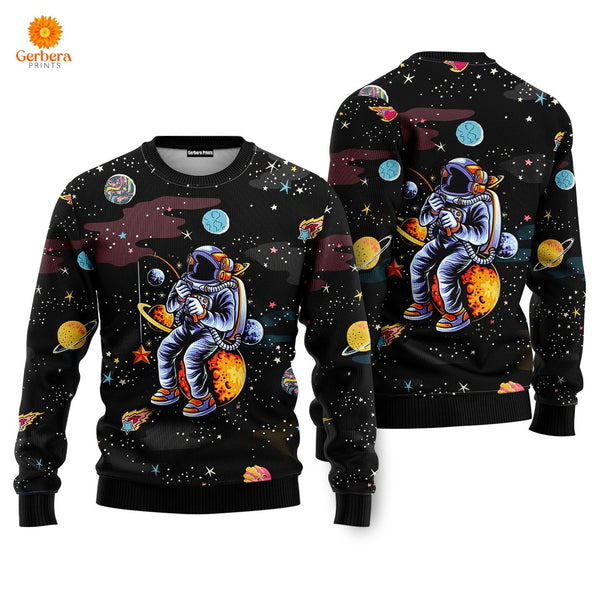 Funny Astronaut Fishing In Space Ugly Christmas Sweater For Men & Women UH1302