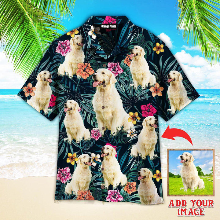 Funny Big Golden Retriever Exotic Dog Tropical Floral Custom Photo Hawaiian Shirt For Men & Women