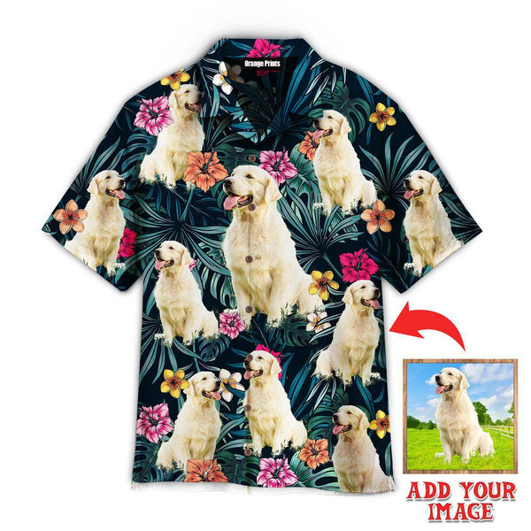 Funny Big Golden Retriever Exotic Dog Tropical Floral Custom Photo Hawaiian Shirt For Men & Women