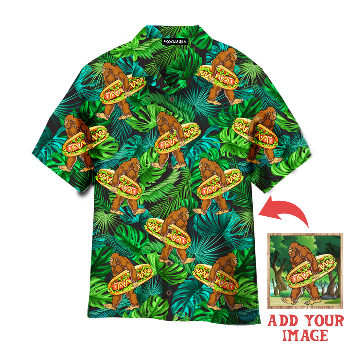 Funny Bigfoot Love Eating Hot Dog Custom Photo Hawaiian Shirt For Men & Women
