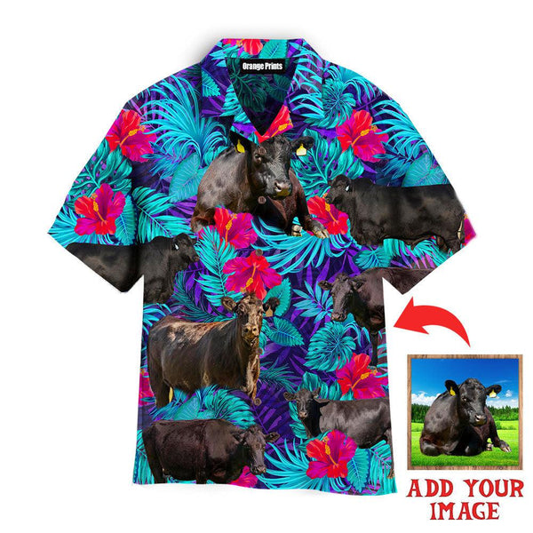 Funny Black Angus Blue Neon Tropical Cattle Lovers Custom Photo Hawaiian Shirt For Men & Women
