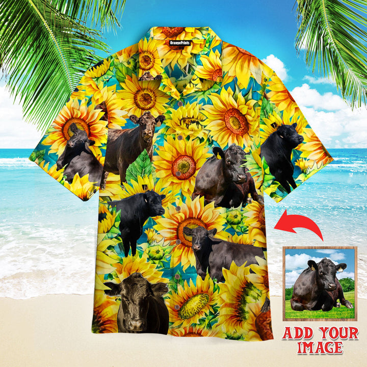 Funny Black Angus Cattle Lovers Sunflower Watercolor Custom Photo Hawaiian Shirt For Men & Women