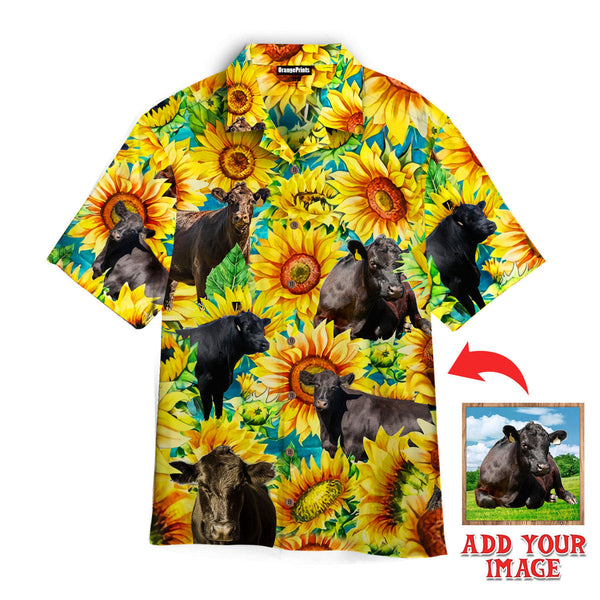 Funny Black Angus Cattle Lovers Sunflower Watercolor Custom Photo Hawaiian Shirt For Men & Women