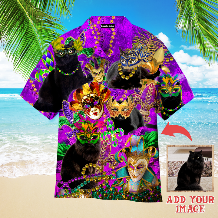 Funny Black Cat Mardi Gras Custom Photo Hawaiian Shirt For Men & Women