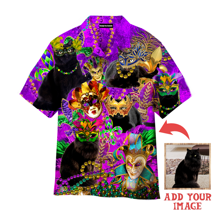 Funny Black Cat Mardi Gras Custom Photo Hawaiian Shirt For Men & Women