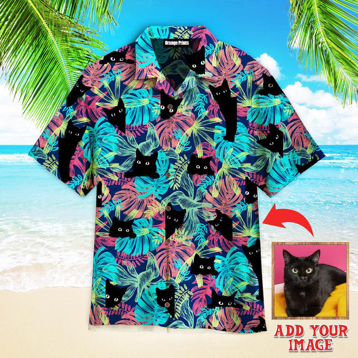 Funny Black Cat Tropical Custom Photo Hawaiian Shirt For Men & Women