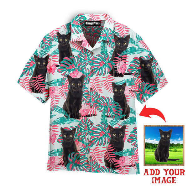 Funny Cat On Pink Hibiscus Floral Custom Photo Hawaiian Shirt For Men & Women