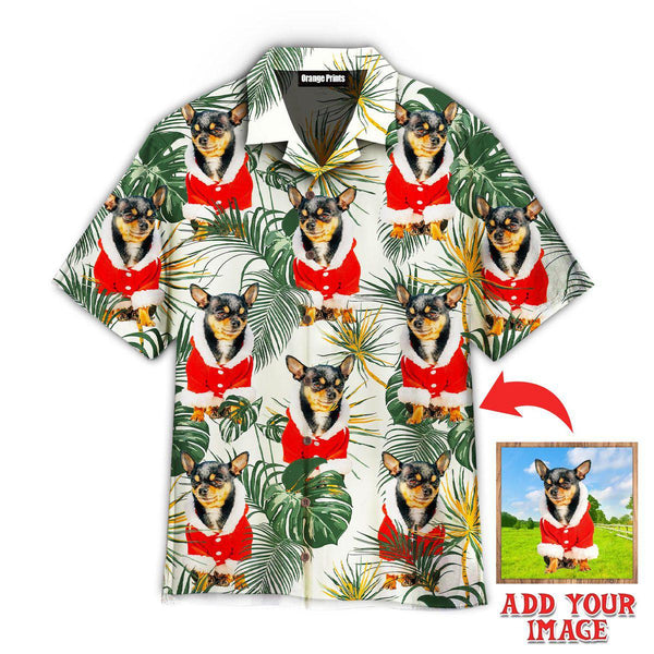 Funny Chihuahua Dog Merry Christmas With Leaves Tropical Custom Photo Hawaiian Shirt For Men & Women