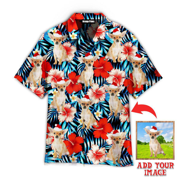 Funny Chihuahua Xmas Dog With Red Floral Tropical Custom Photo Hawaiian Shirt For Men & Women