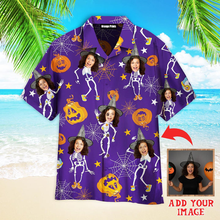 Funny Custom Face On Purple Halloween Skeletons Custom Photo Hawaiian Shirt For Men & Women