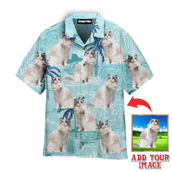 Funny Cute blue Bicolor Ragdoll On Big Wave Tropical Custom Photo Hawaiian Shirt For Men & Women