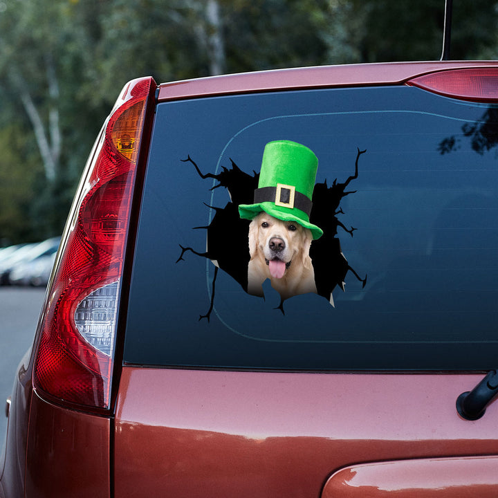 Dog With Leprechaun Hat Sits On Car Cracked Car Decal Sticker | Waterproof | PVC Vinyl | CCS5449-Colorful-Gerbera Prints.