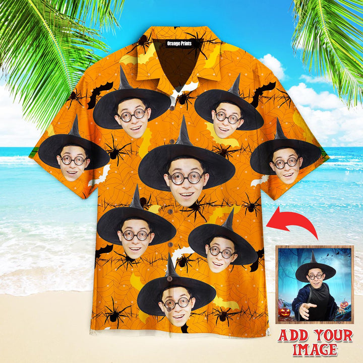 Funny Face Wise Wizard On Orange Bright Halloween Custom Photo Hawaiian Shirt For Men & Women