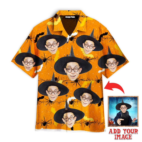 Funny Face Wise Wizard On Orange Bright Halloween Custom Photo Hawaiian Shirt For Men & Women