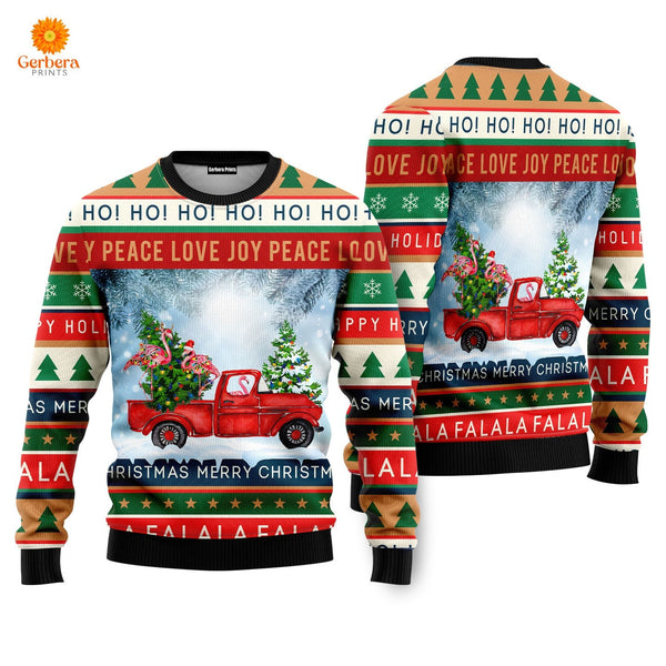 Funny Flamingo With Red Truck Christmas Holiday Ugly Christmas Sweater For Men & Women UH1140