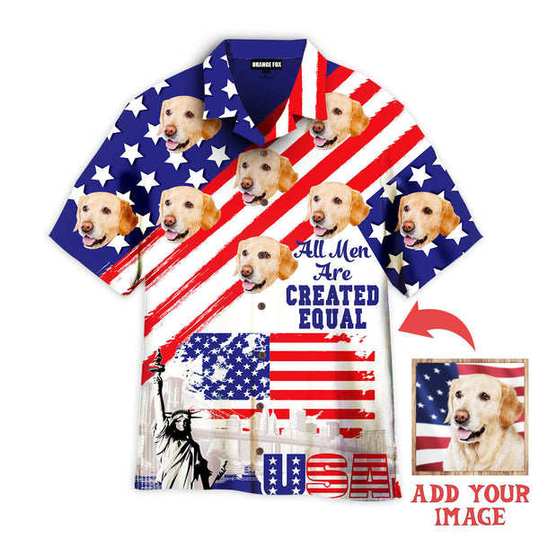 Funny Fourth of July Dog Lover Dog With American Flag All Men Are Created Equal Custom Photo Hawaiian Shirt For Men & Women