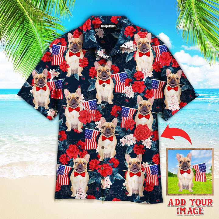 Funny French Bulldog Holding Flag USA On Red Rose Tropical Custom Photo Hawaiian Shirt For Men & Women