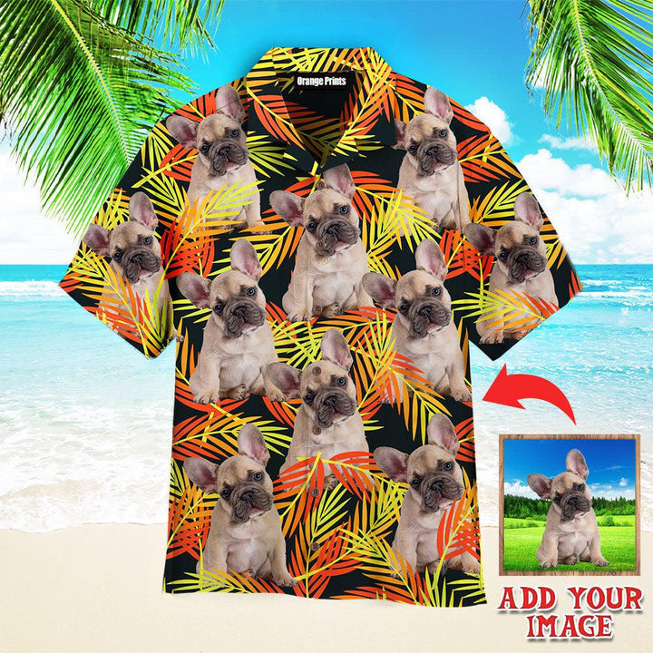 Funny French Bulldog Sitting Up Fern Leaves Seamless Custom Photo Hawaiian Shirt For Men & Women