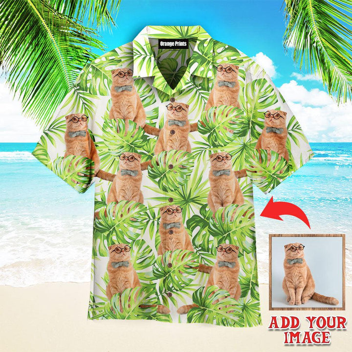 Funny Funny Cat In Bow Tie Tropical Floral Custom Photo Hawaiian Shirt For Men & Women