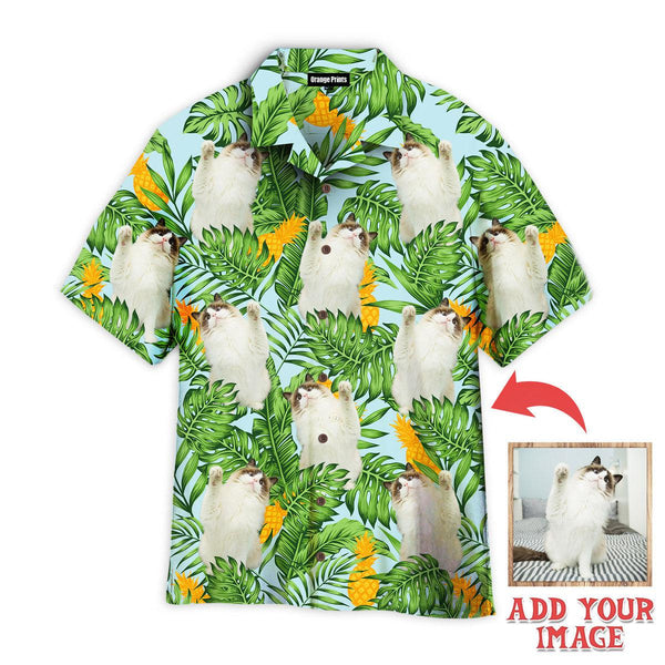 Funny Funny Cat Raising Paw Pineapple Tropical Custom Photo Hawaiian Shirt For Men & Women