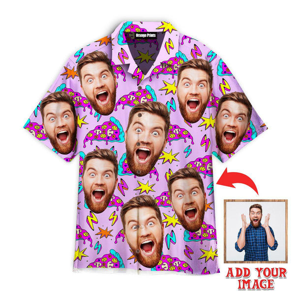 Funny Funny Face Bearded Man Crazy Pizza Slices Lighting Strikes Custom Photo Hawaiian Shirt For Men & Women