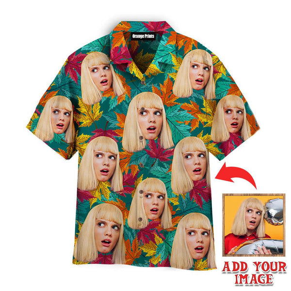 Funny Funny Face On Autumn Maple Leaves Teal Custom Photo Hawaiian Shirt For Men & Women