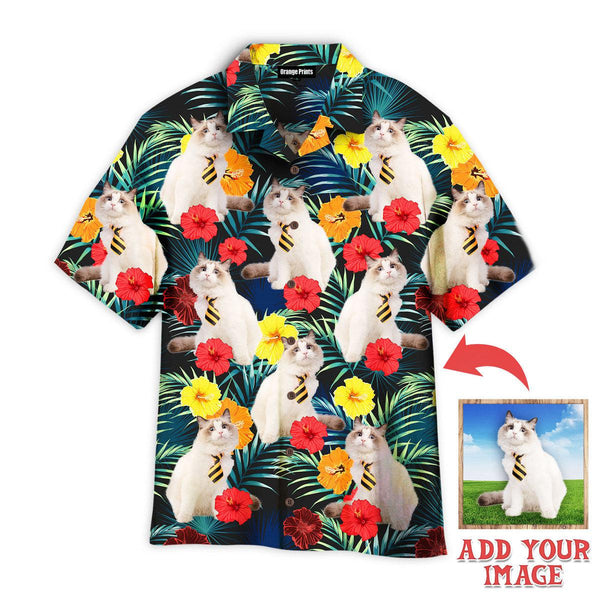 Funny Funny White Cat Sitting Beside Tropical Floral Custom Photo Hawaiian Shirt For Men & Women