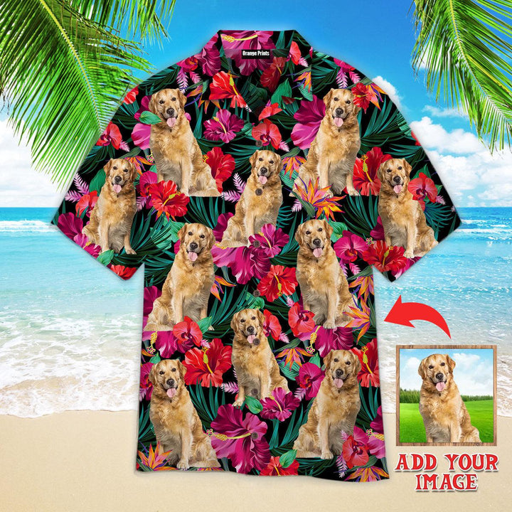 Funny Golden Retriever Dog Palm Tree Island Custom Photo Hawaiian Shirt For Men & Women