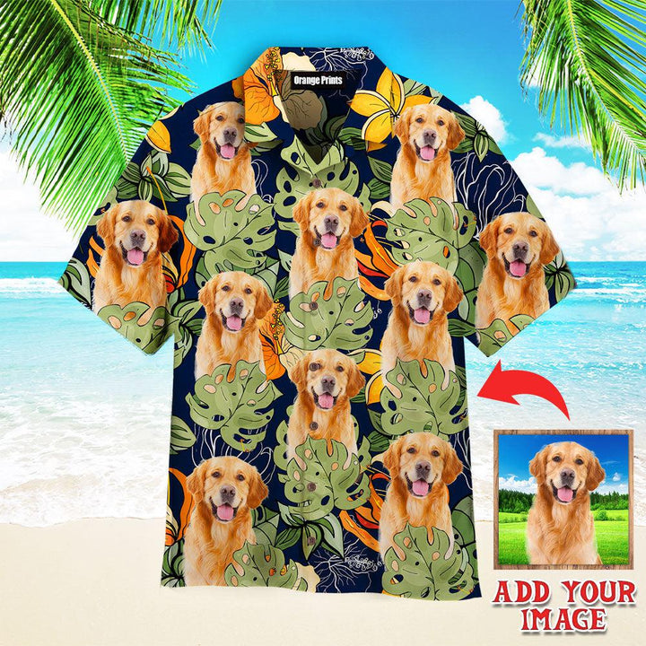 Funny Golden Retriever Dog With Vintage Tropical Leaves Custom Photo Hawaiian Shirt For Men & Women