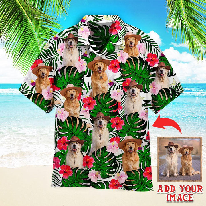 Funny Golden Retriever Dogs Sitting Palm Leaves Custom Photo Hawaiian Shirt For Men & Women