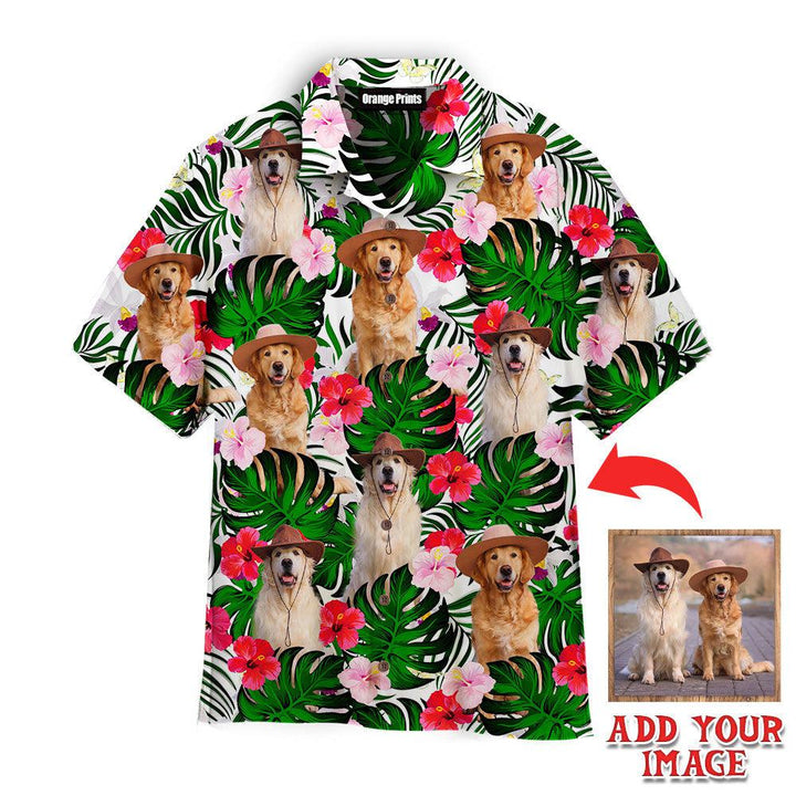 Funny Golden Retriever Dogs Sitting Palm Leaves Custom Photo Hawaiian Shirt For Men & Women