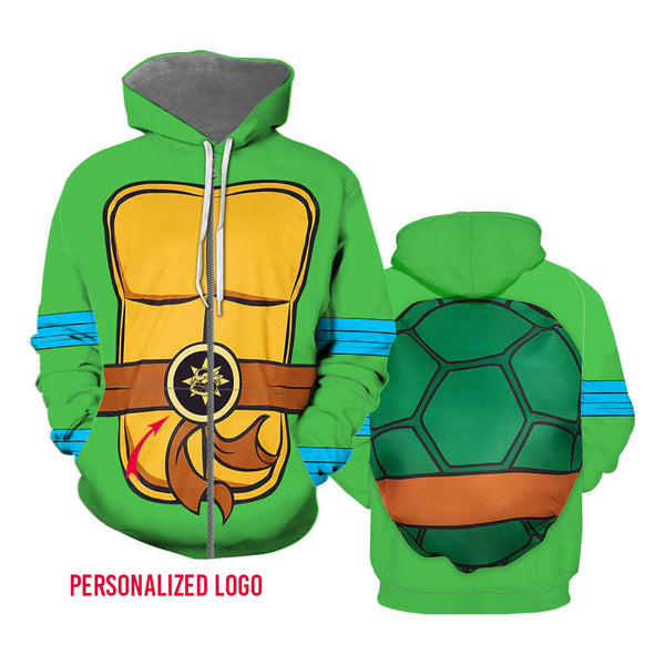 Funny Green Turtle Halloween Costume Custom Name Zip Up Hoodie For Men & Women