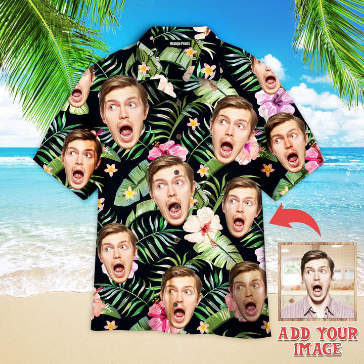 Funny Handsome Young Man Face With Tropical Flowers On Green Custom Photo Hawaiian Shirt For Men & Women