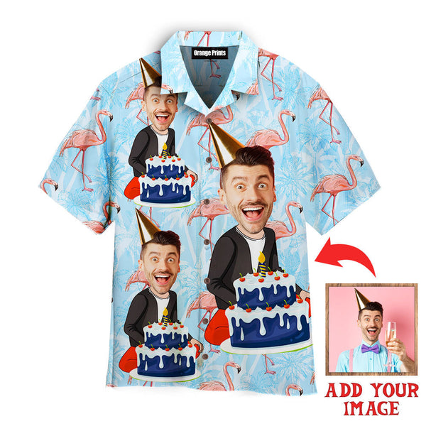 Funny Happy Birthday Guy Flamingo On Blue Tropical Custom Photo Hawaiian Shirt For Men & Women