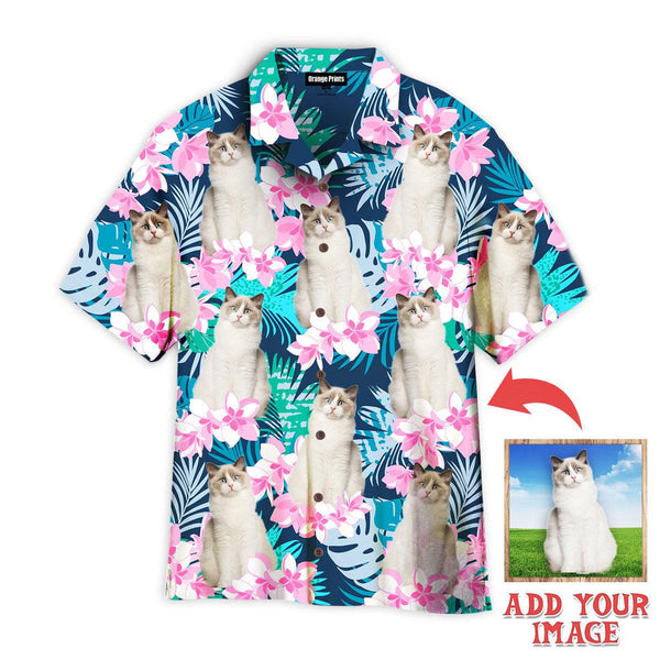 Funny Happy Cat And Beautiful Flower Tropical Custom Photo Hawaiian Shirt For Men & Women